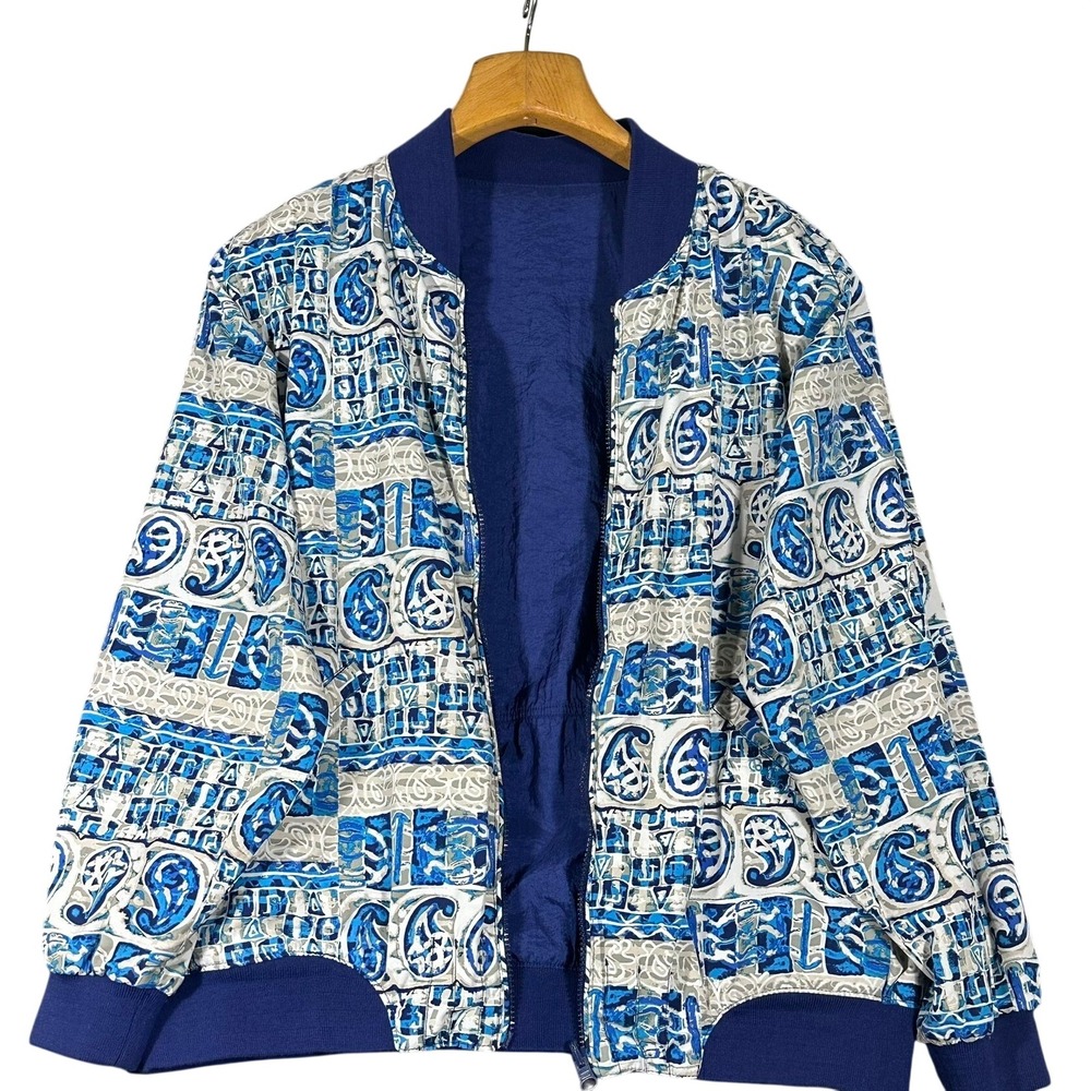 Vtg LeCoq Sportif Reversible Bomber Jacket Blue Pattern Hip Hop Streetwear Retro